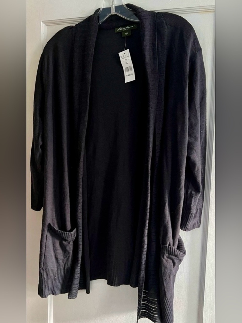NWT Eddie Bauer Open Front Cardigan Sweater XL Black 100% Cotton